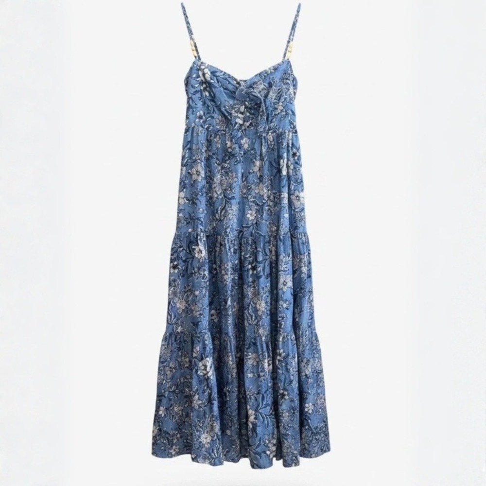 House of Harlow 1960 Blue Floral Linen Blend Tiered Maxi Dress Size Medium - Picture 2 of 8